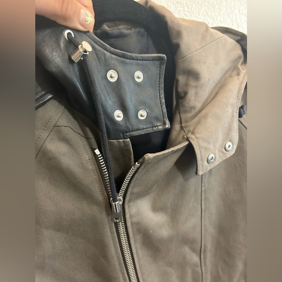 The Kooples Brown Gray Cotton Twill Leather Trim Mens Fishtail Parka Jacket - Picture 7 of 16